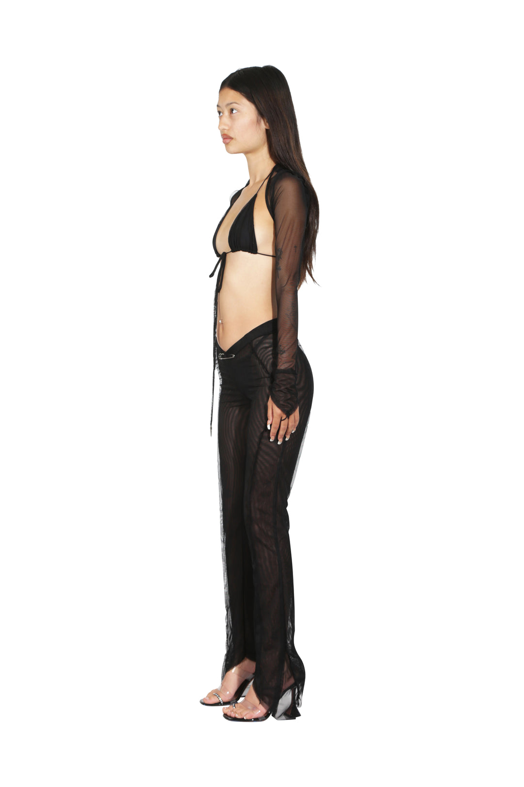 V CUT SHRUG IN BLACK MESH