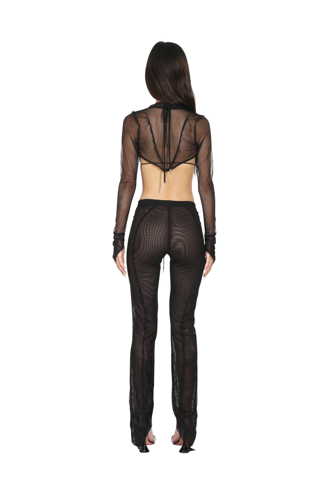 V CUT SHRUG IN BLACK MESH