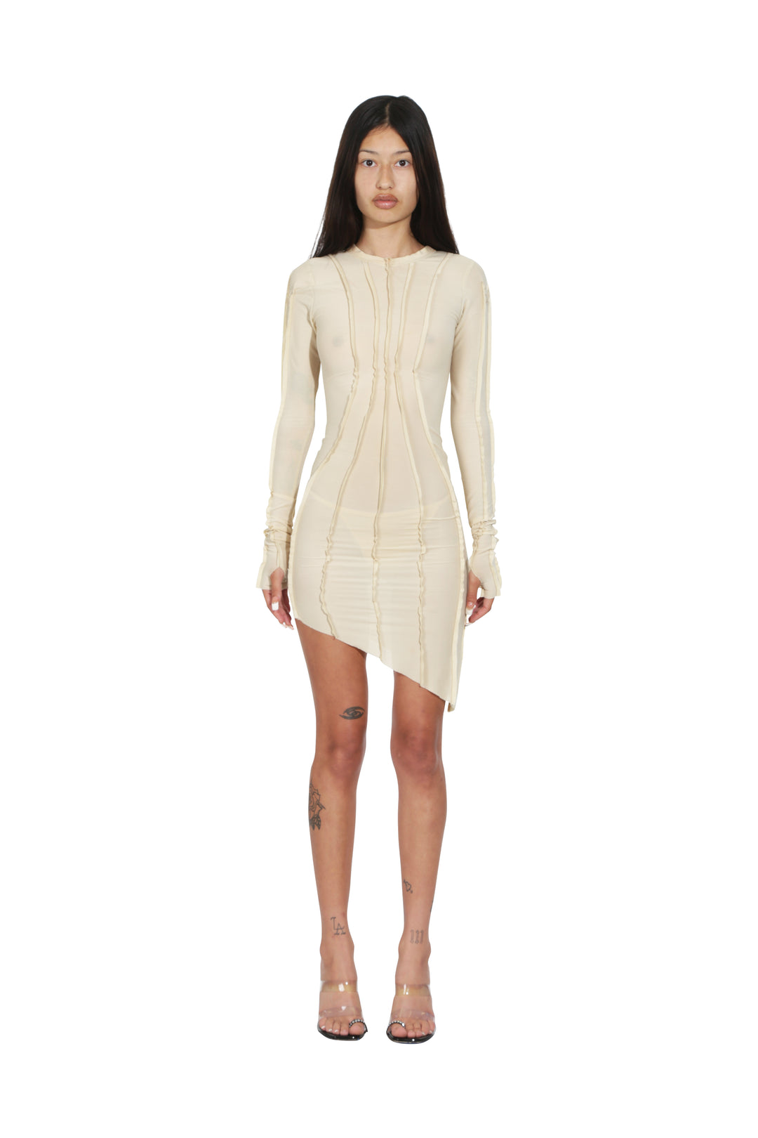 ASYMMETRIC LONG SLEEVE MINI DRESS IN IVORY MESH