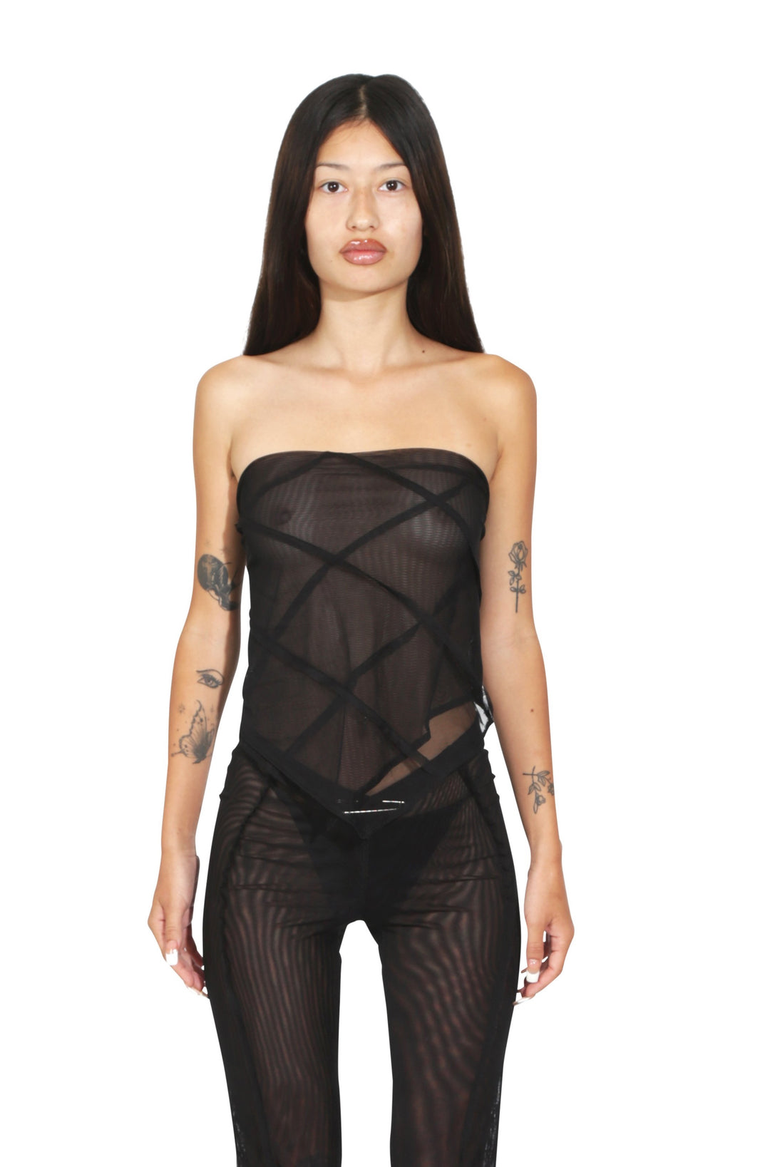 OPEN SEAM SCARF TOP IN BLACK MESH