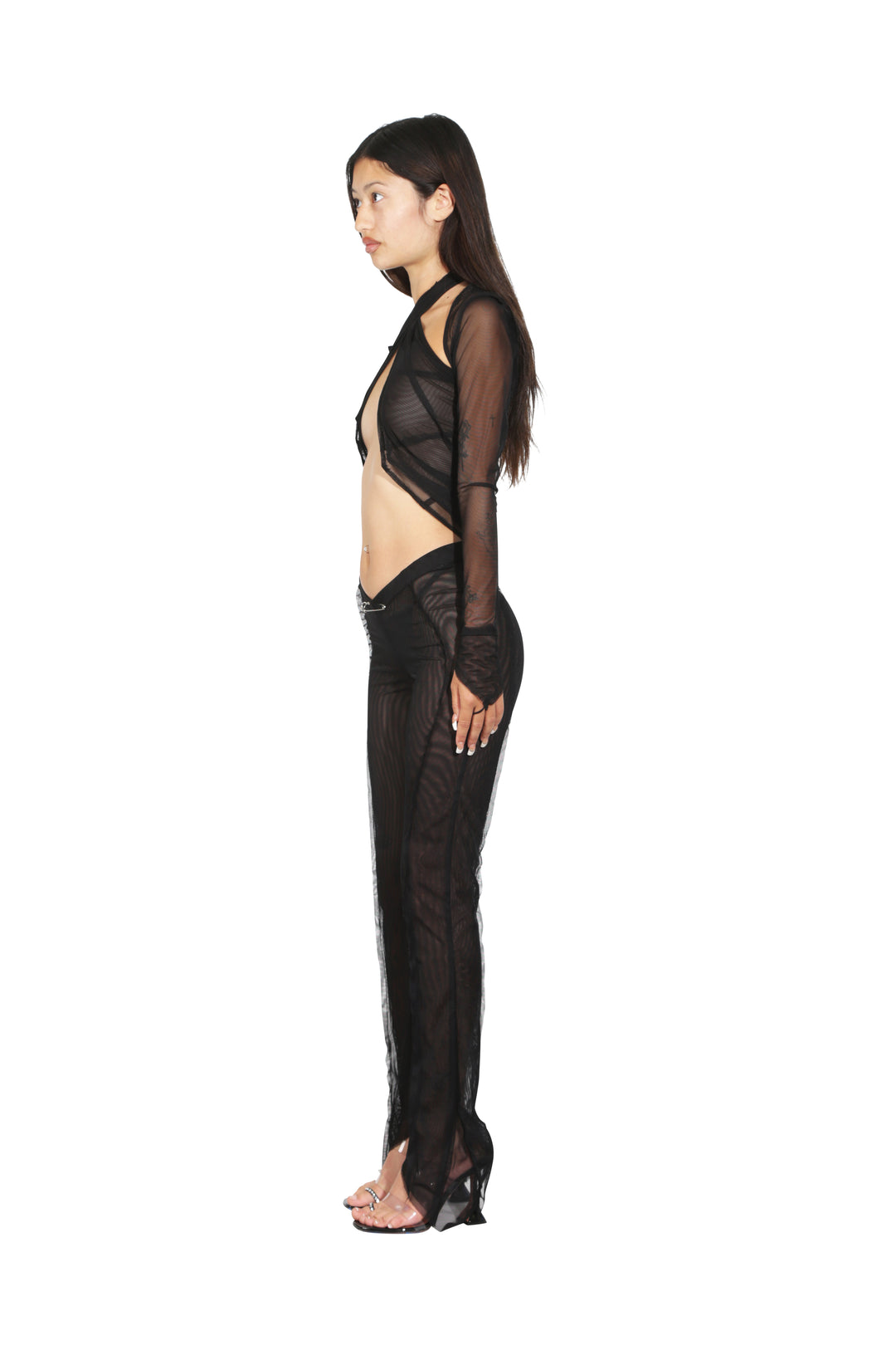 V CUT SHRUG IN BLACK MESH