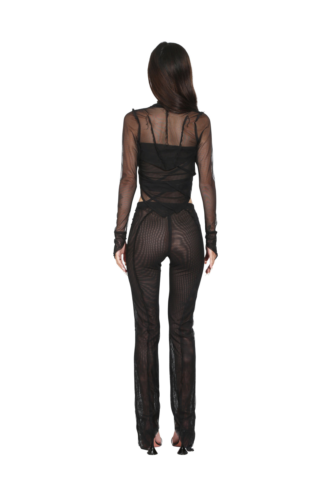 V CUT SHRUG IN BLACK MESH