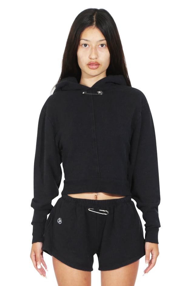 MINI SAFETY PIN HOODIE IN BLACK TERRY