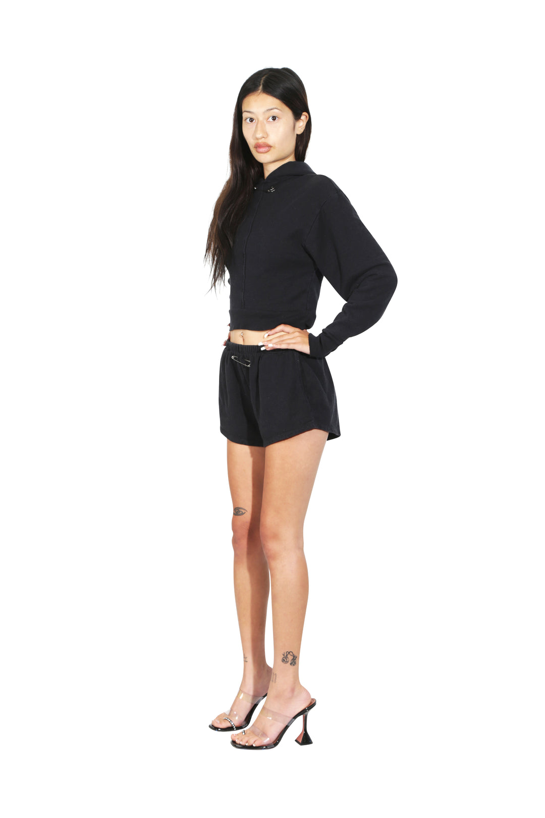 MINI SAFETY PIN SWEATSHORTS IN BLACK TERRY