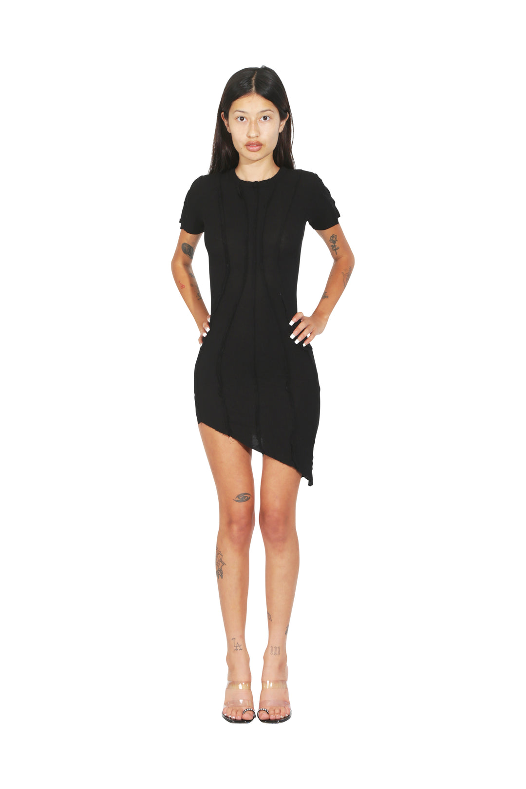 ASYMMETRIC SHORT SLEEVE MINI DRESS IN BLACK RIB