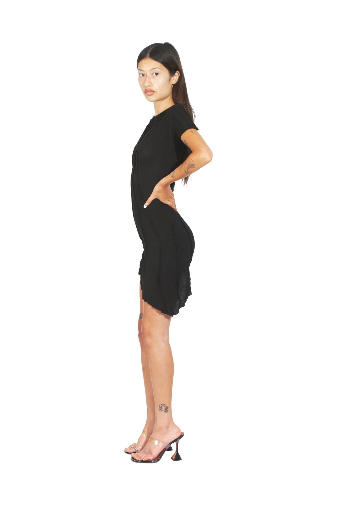 ASYMMETRIC SHORT SLEEVE MINI DRESS IN BLACK RIB