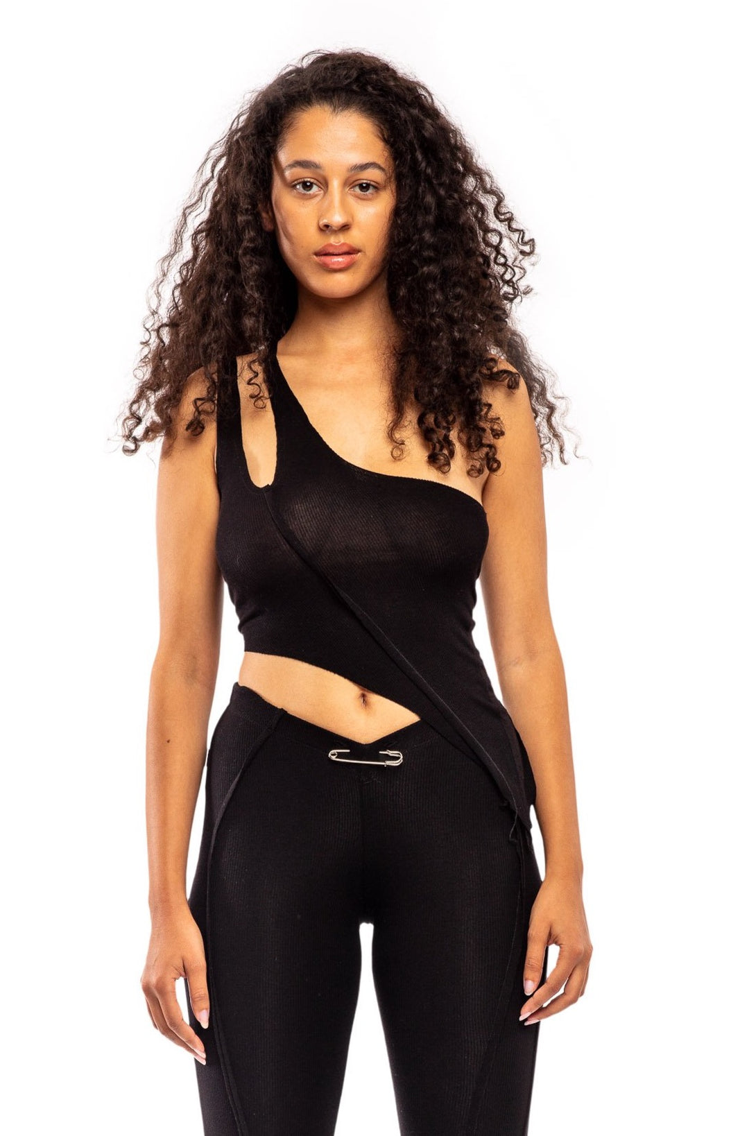 ASYMMETRIC ONE SHOULDER TANK IN BLACK RIB