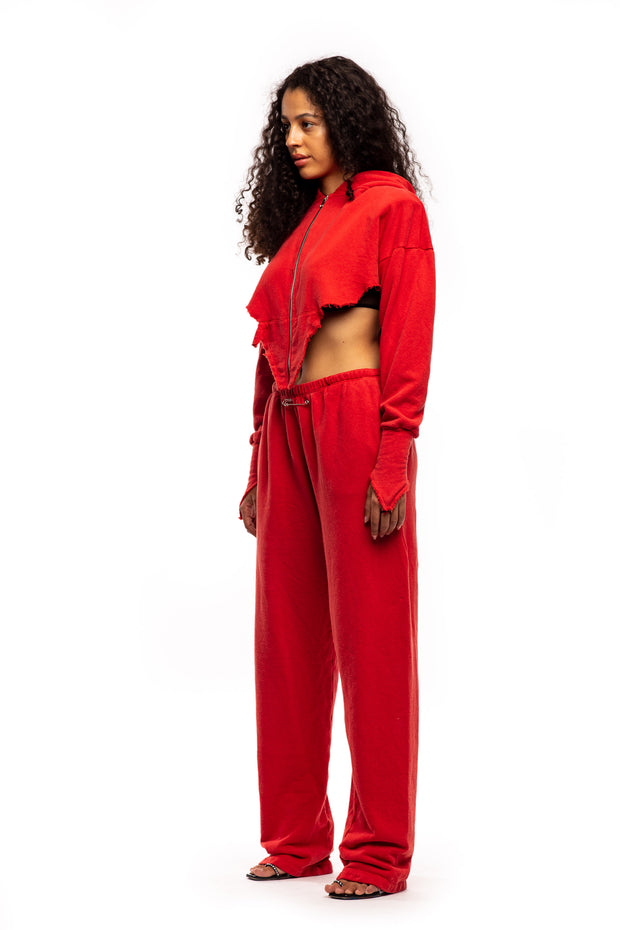 V CUT ZIP-UP HOODIE IN RED TERRY