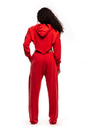 V CUT ZIP-UP HOODIE IN RED TERRY