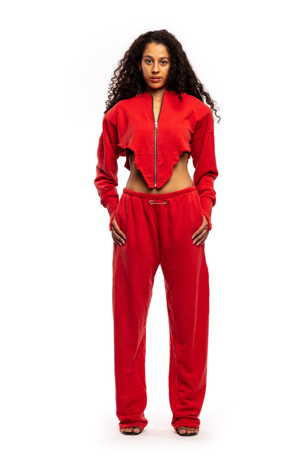 V CUT ZIP-UP HOODIE IN RED TERRY