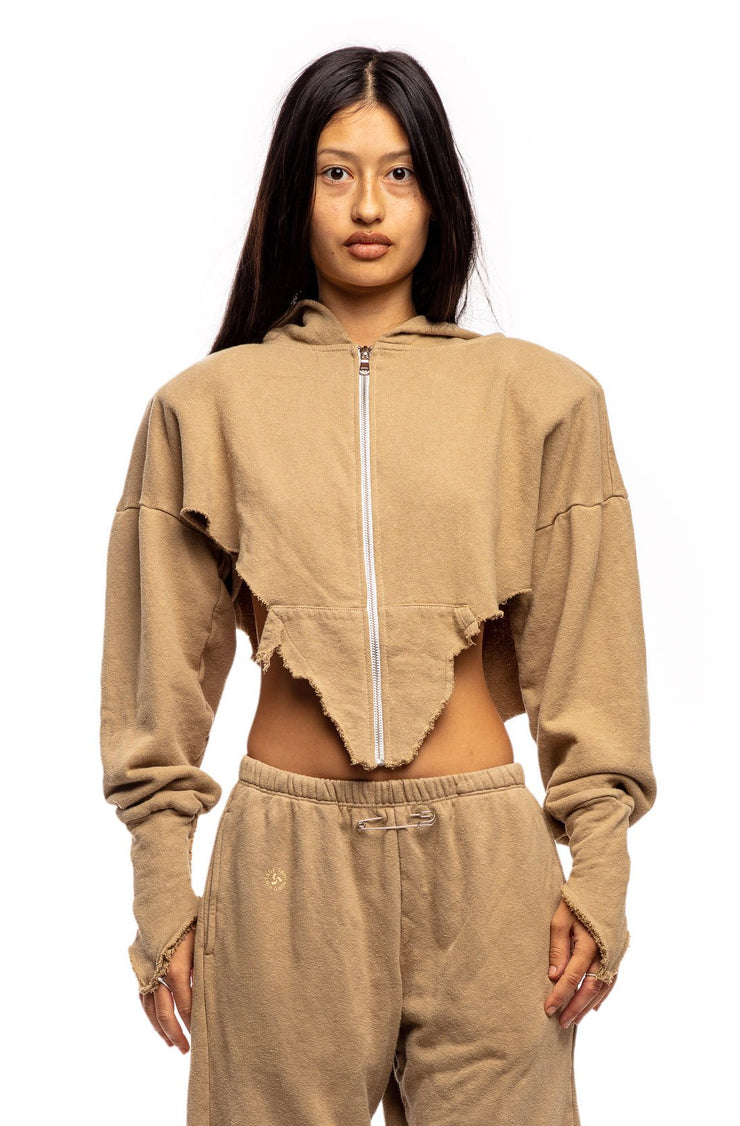 V CUT ZIP-UP HOODIE IN TAUPE TERRY