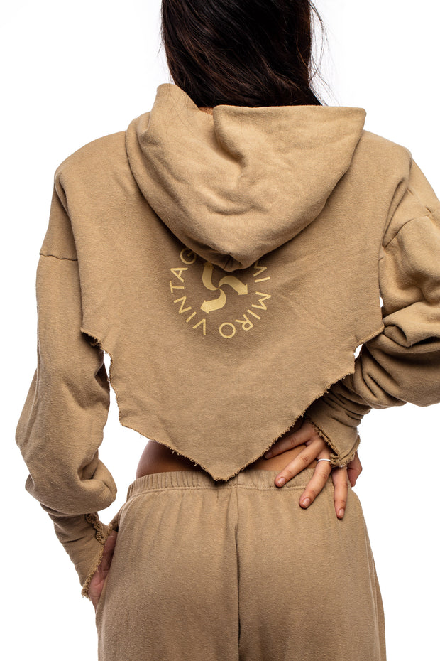 V CUT ZIP-UP HOODIE IN TAUPE TERRY