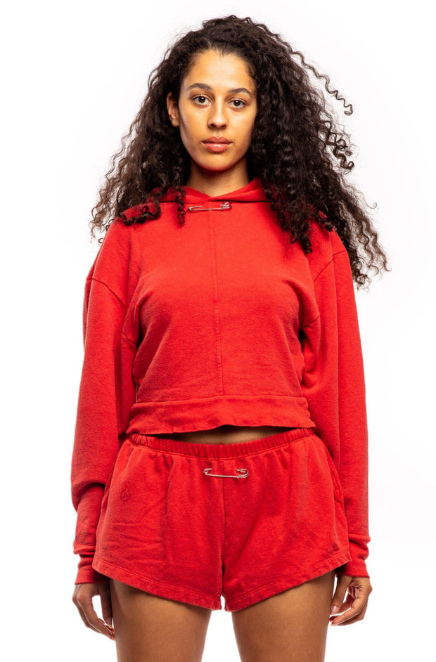 MINI SAFETY PIN HOODIE IN RED TERRY