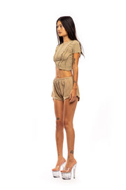 MINI SAFETY PIN SWEATSHORTS IN TAUPE TERRY