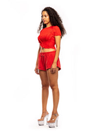 MINI SAFETY PIN SWEATSHORTS IN RED TERRY