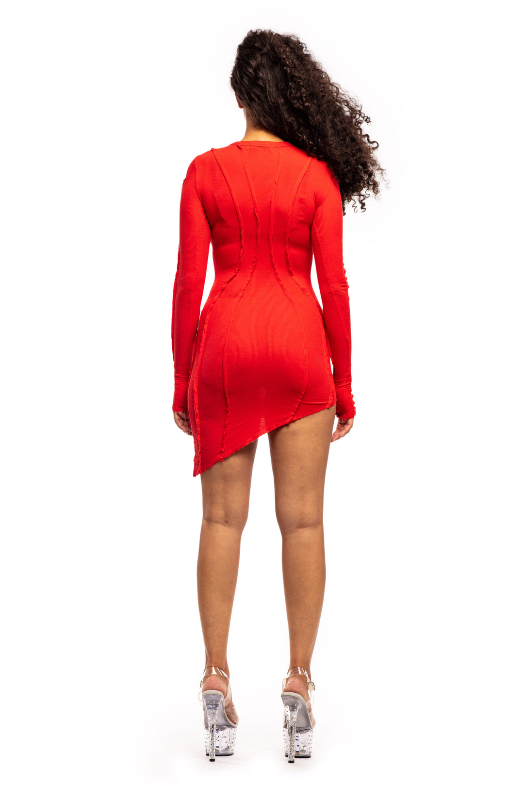 ASYMMETRIC LONG SLEEVE MINI DRESS IN RED RIB