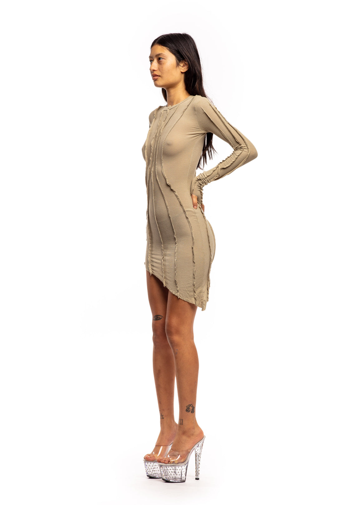 ASYMMETRIC LONG SLEEVE MINI DRESS IN TAUPE RIB