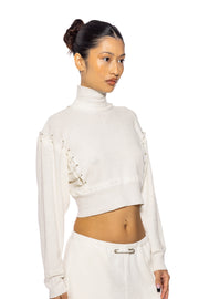 TURTLE NECK SAFETY PIN CROPPED TOP IN NATURAL THERMAL KNIT