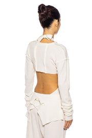 SAFETY PIN LONG SLEEVE HALTER TOP IN NATURAL THERMAL KNIT