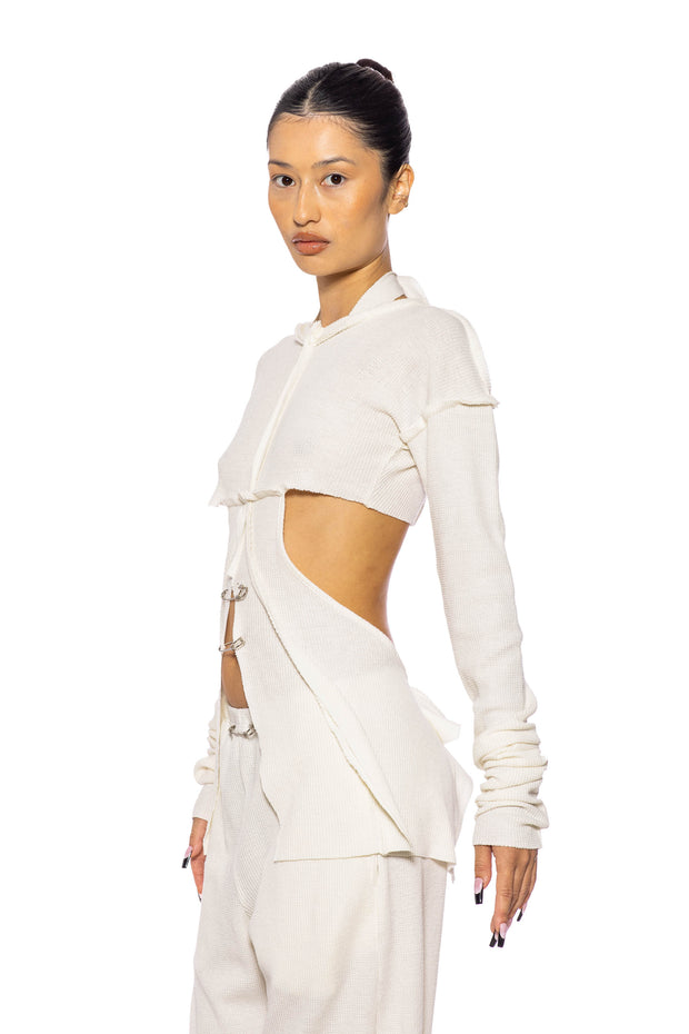 SAFETY PIN LONG SLEEVE HALTER TOP IN NATURAL THERMAL KNIT