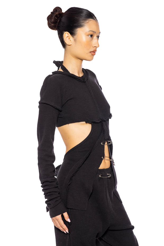 SAFETY PIN LONG SLEEVE HALTER TOP IN BLACK THERMAL KNIT