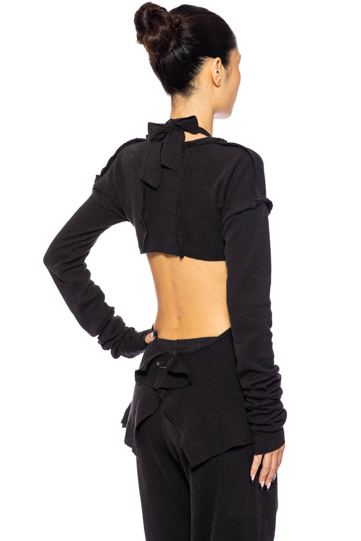 SAFETY PIN LONG SLEEVE HALTER TOP IN BLACK THERMAL KNIT