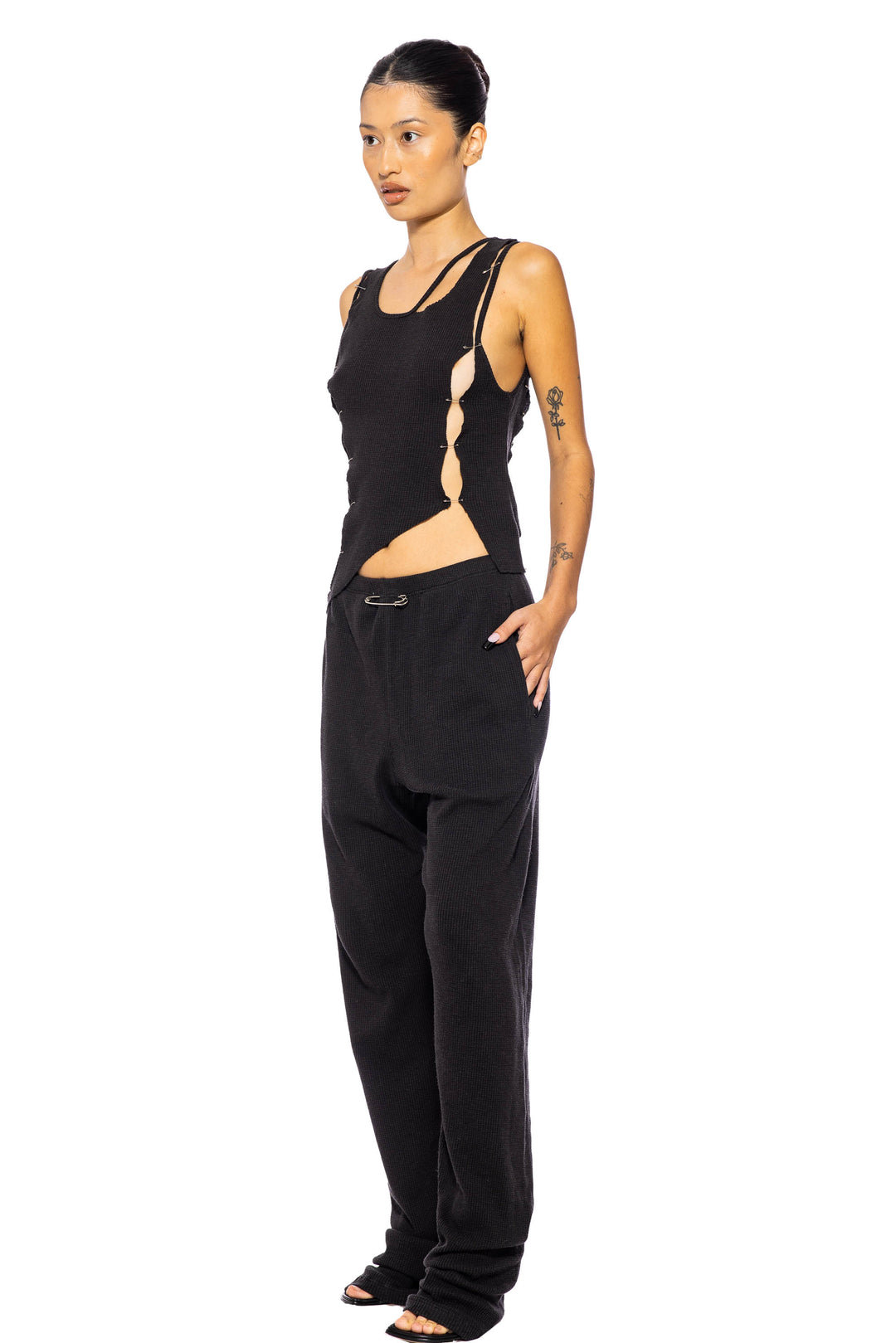 SAFETY PIN SWEATPANTS IN BLACK THERMAL KNIT