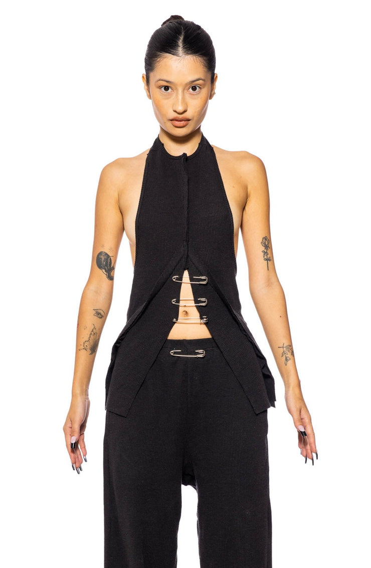 SAFETY PIN HALTER TOP IN BLACK THERMAL KNIT