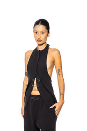 SAFETY PIN HALTER TOP IN BLACK THERMAL KNIT
