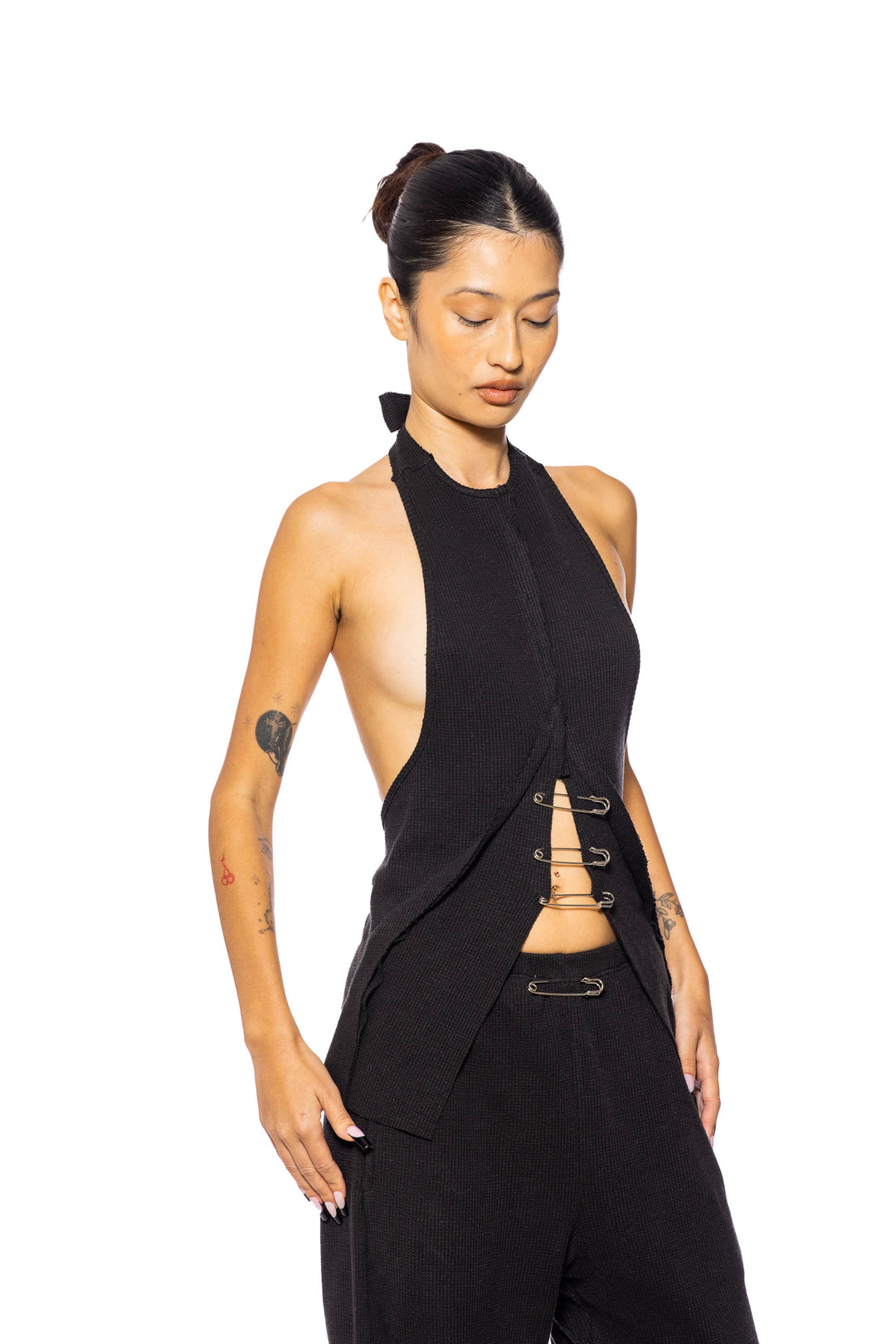 SAFETY PIN HALTER TOP IN BLACK THERMAL KNIT