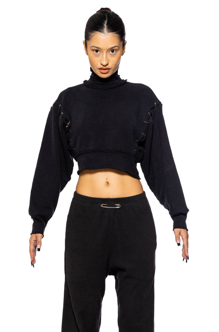 TURTLE NECK SAFETY PIN CROPPED TOP IN BLACK TERRY