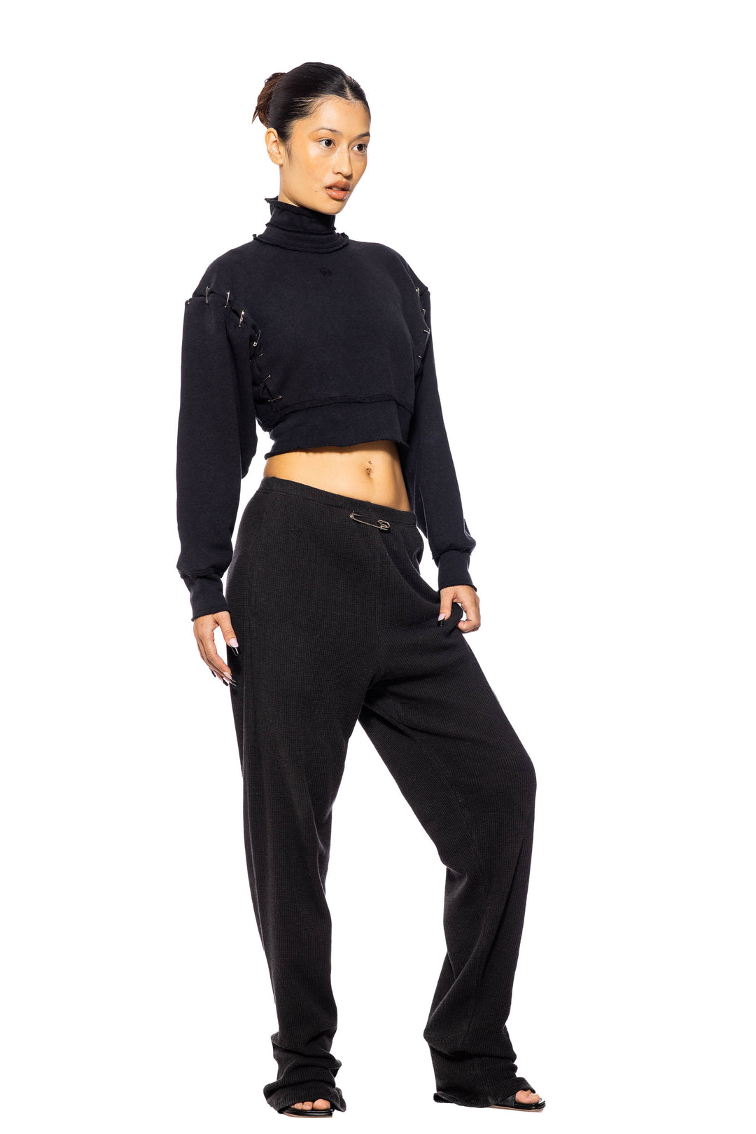 TURTLE NECK SAFETY PIN CROPPED TOP IN BLACK TERRY