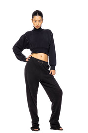 TURTLE NECK SAFETY PIN CROPPED TOP IN BLACK TERRY