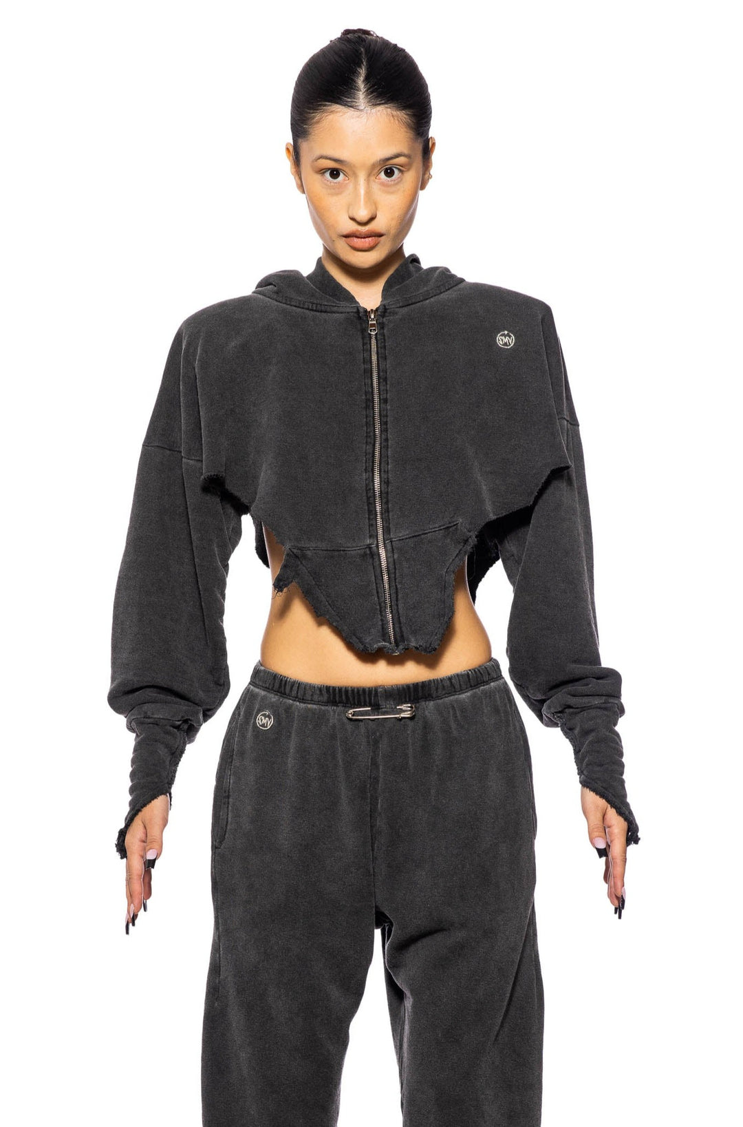 V CUT ZIP-UP HOODIE IN DARK CLOUD TERRY