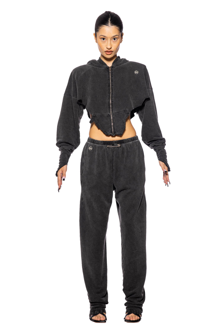 SAFETY PIN ANKLE LENGTH SWEATPANTS IN DARK CLOUD TERRY