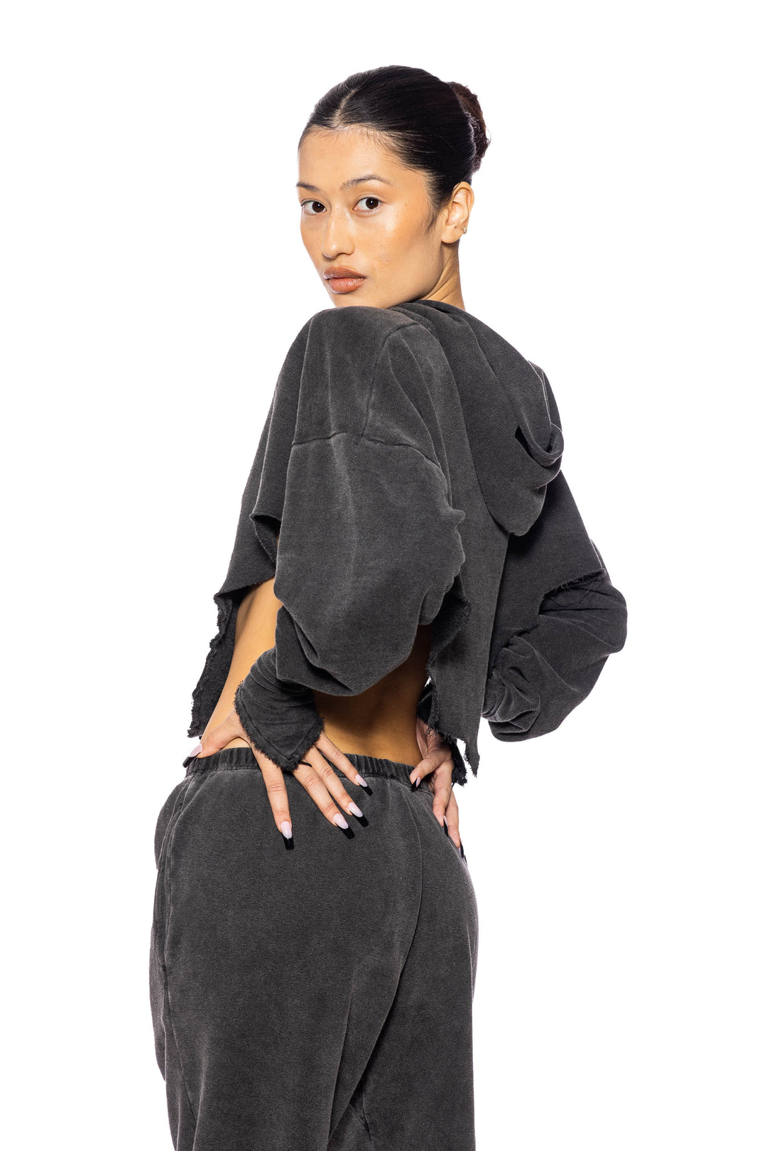 V CUT ZIP-UP HOODIE IN DARK CLOUD TERRY