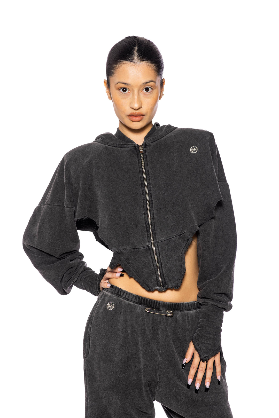 V CUT ZIP-UP HOODIE IN DARK CLOUD TERRY