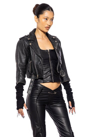 1/1 SMV BLACK LEATHER MINI MOTO JACKET WITH RED EMBROIDERY
