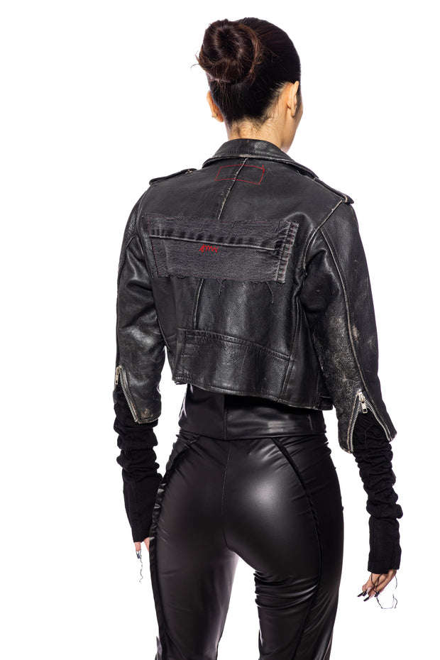 1/1 SMV BLACK LEATHER MINI MOTO JACKET WITH RED EMBROIDERY