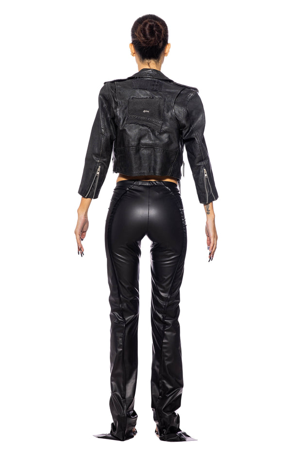 1/1 SMV BLACK LEATHER MINI MOTO JACKET WITH SILVER EMBROIDERY