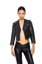1/1 SMV BLACK LEATHER MINI MOTO JACKET WITH SILVER EMBROIDERY