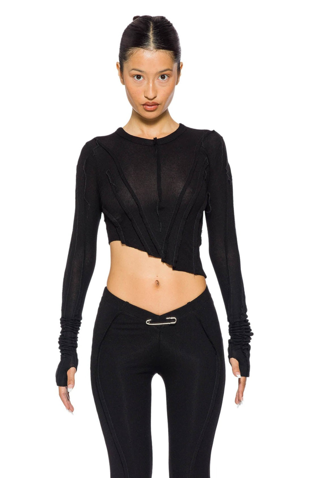 ASYMMETRIC LONG SLEEVE TEE IN BLACK RIB