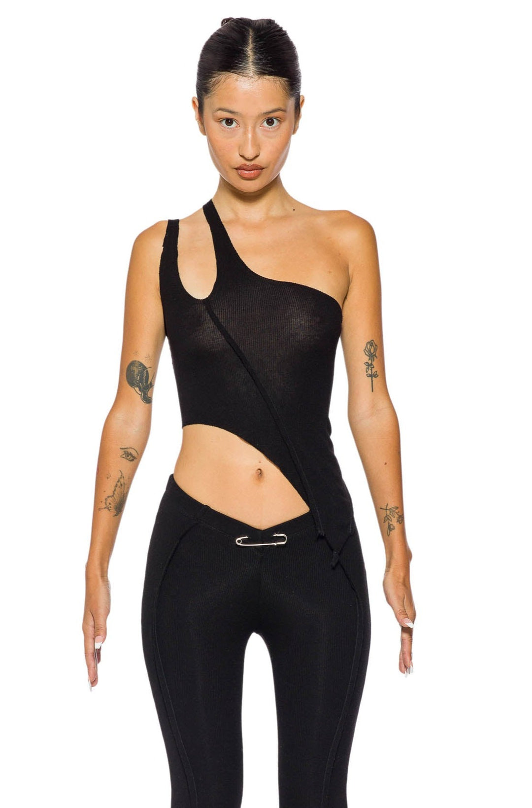 ASYMMETRIC ONE SHOULDER TANK IN BLACK RIB