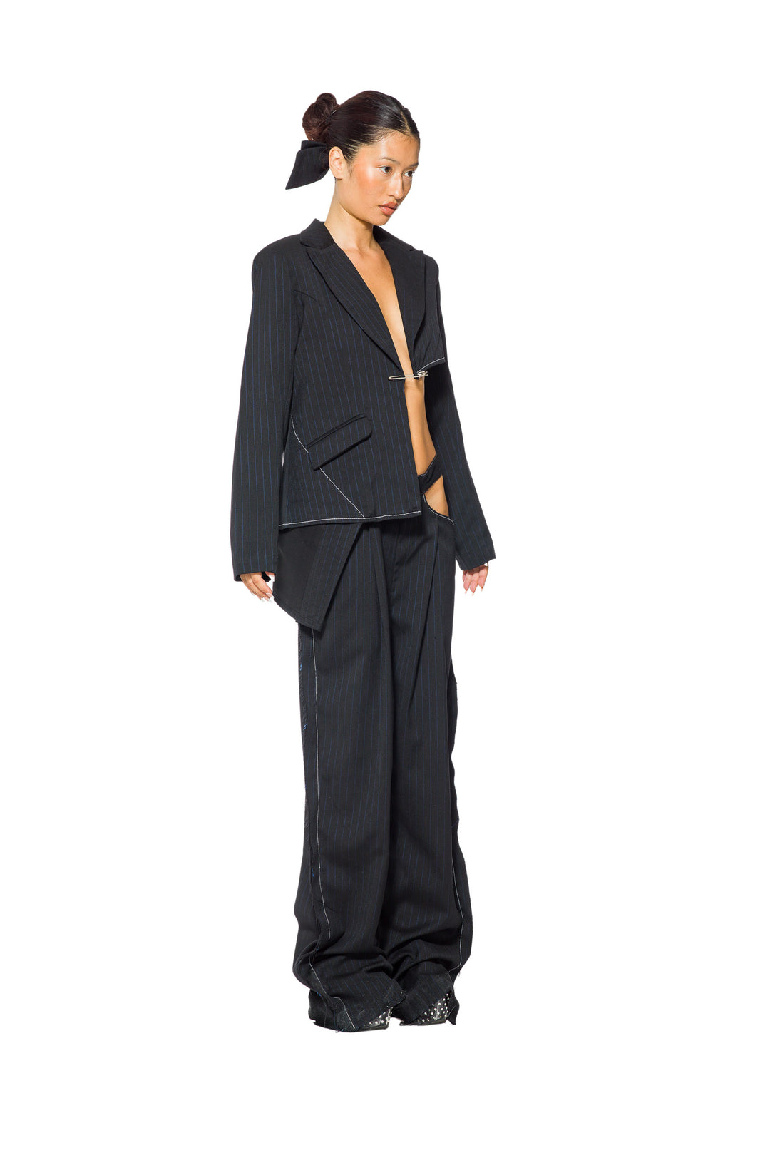 CUTOUT BLAZER IN BLACK PIN STRIPE SUITING