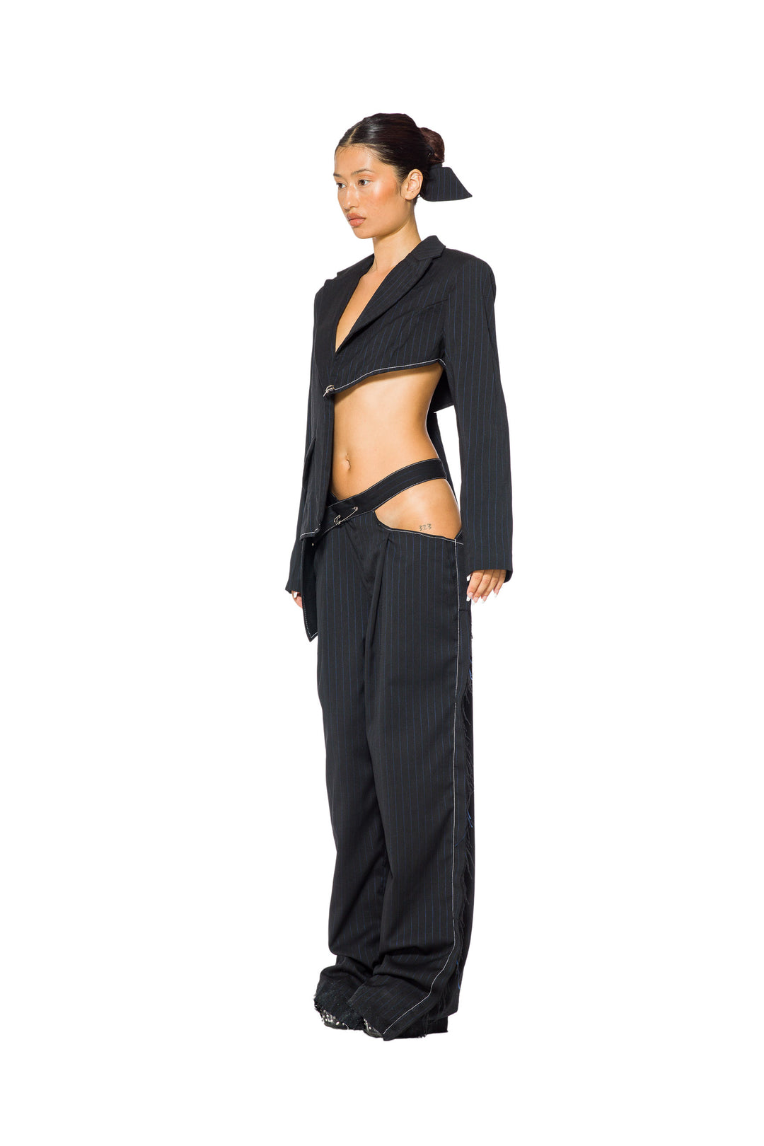 CUTOUT BLAZER IN BLACK PIN STRIPE SUITING