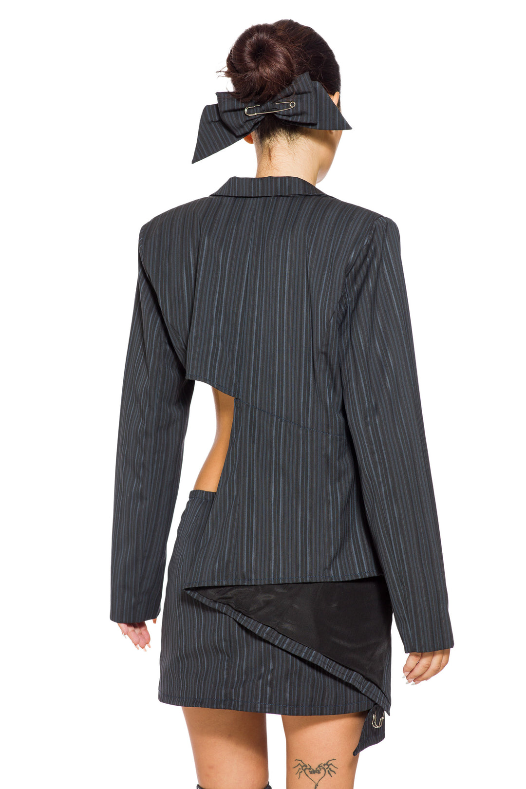 CUTOUT BLAZER IN BLUE MULTI STRIPE SUITING