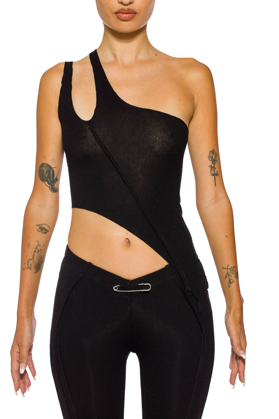 ASYMMETRIC ONE SHOULDER TANK IN BLACK RIB