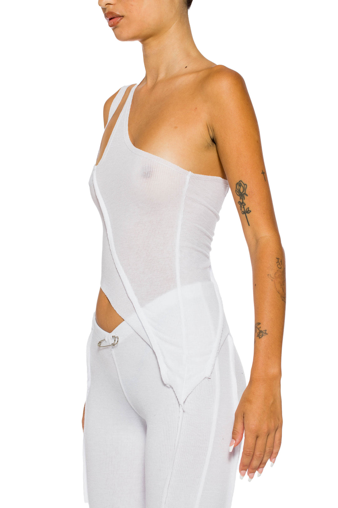 ASYMMETRIC ONE SHOULDER TANK IN WHITE RIB