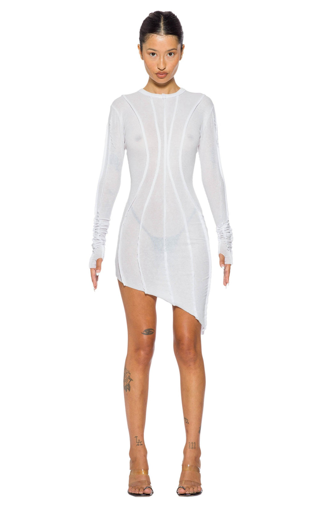 ASYMMETRIC LONG SLEEVE MINI DRESS IN WHITE RIB