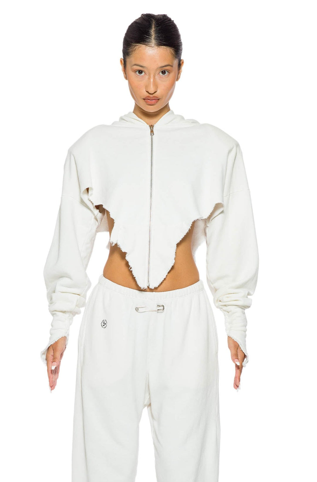 V CUT ZIP-UP HOODIE IN WHITE TERRY